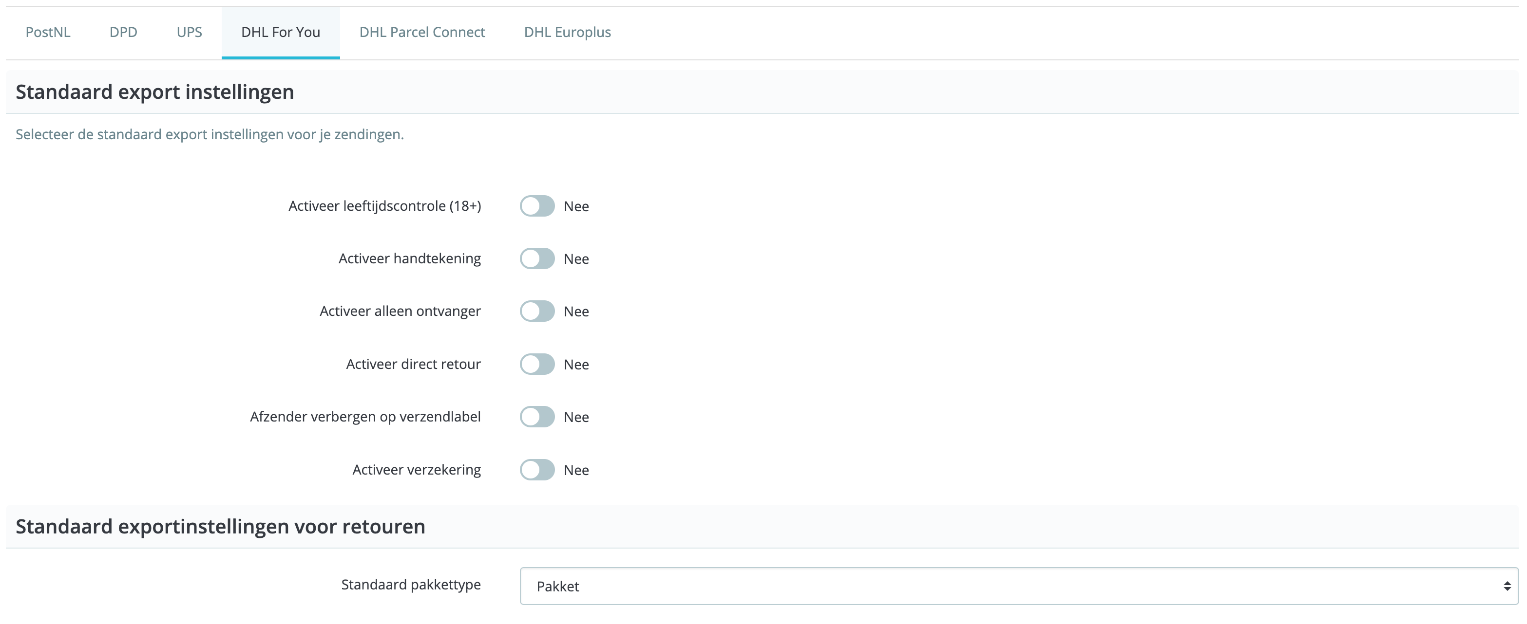 MyParcel PrestaShop plugin standaard exportinstellingen DHL