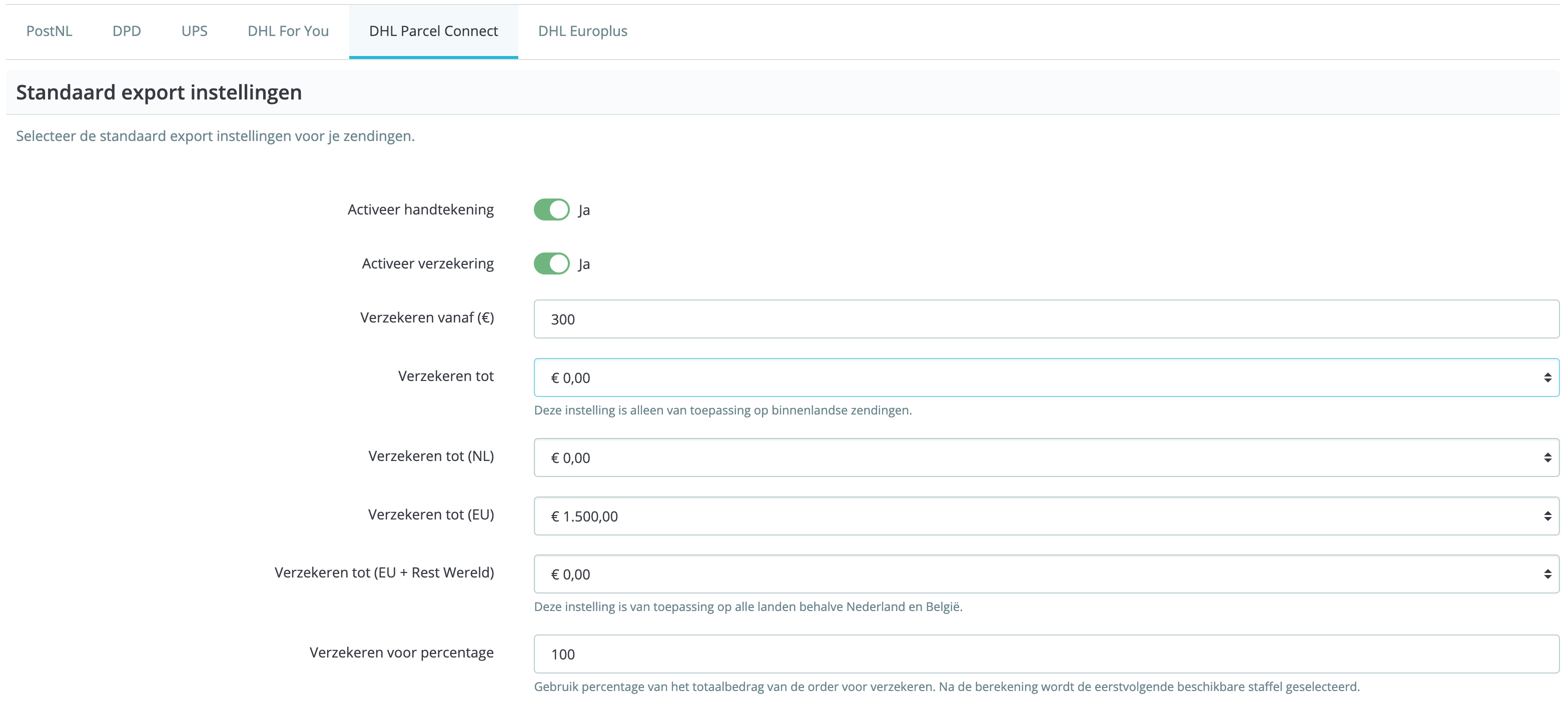 MyParcel PrestaShop plugin standaard exportinstellingen DHL